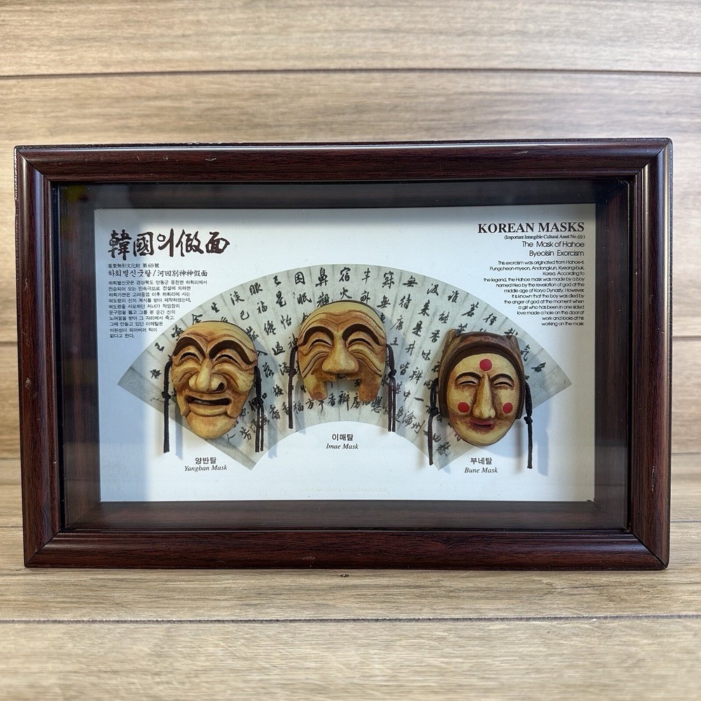 3 Korean Exorcism Masks Framed Shadowbox Yangban Imae Bune Hahoe Byeolsin Koryo